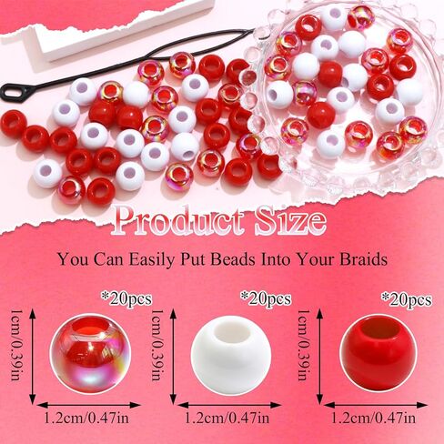 NAISKA 60Pcs Valentines Hair Beads for Kids Girls White Beads for Hair Cute Dreadlock Beads Colorful Clear Hair Beads for Braids Small Pony Beaded Hair Clips Valentine's Day Loc Beads Hair Jewelry in Saudi Arabia