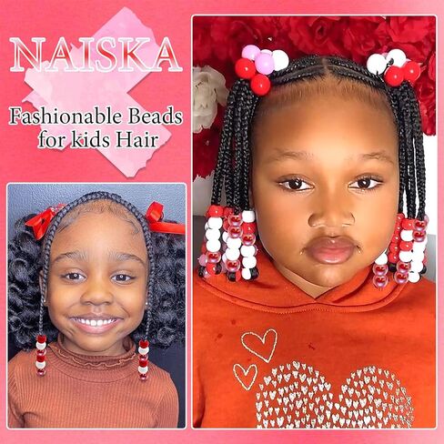 NAISKA 60Pcs Valentines Hair Beads for Kids Girls White Beads for Hair Cute Dreadlock Beads Colorful Clear Hair Beads for Braids Small Pony Beaded Hair Clips Valentine's Day Loc Beads Hair Jewelry in Saudi Arabia