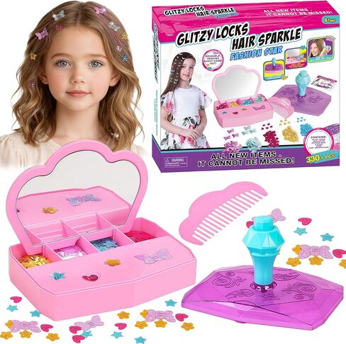 Gem Stapler Kit for Hair with Rainbow Clip-in Extensions – Hair Bedazzler Stamp Tool with Reusable Gems & Glitter Patches | Bling Hair Jewel Design Set + Play Hair | Girls Accessories Gift (Age 6-12) in Kuwait