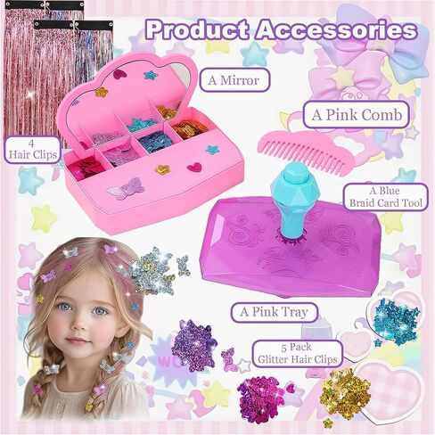 Gem Stapler Kit for Hair with Rainbow Clip-in Extensions – Hair Bedazzler Stamp Tool with Reusable Gems & Glitter Patches | Bling Hair Jewel Design Set + Play Hair | Girls Accessories Gift (Age 6-12) in Kuwait