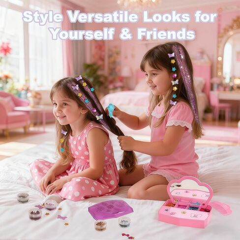 Gem Stapler Kit for Hair with Rainbow Clip-in Extensions – Hair Bedazzler Stamp Tool with Reusable Gems & Glitter Patches | Bling Hair Jewel Design Set + Play Hair | Girls Accessories Gift (Age 6-12) in Kuwait