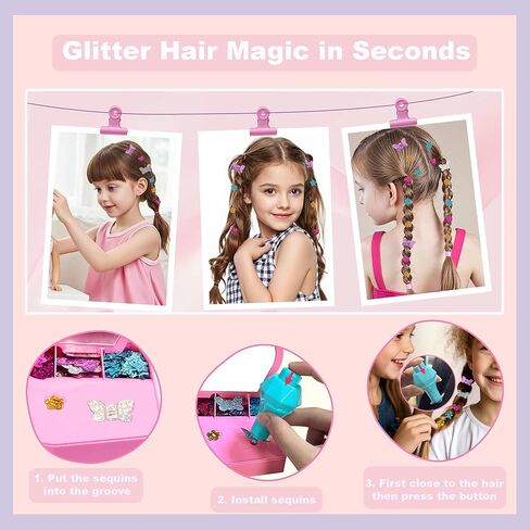 Gem Stapler Kit for Hair with Rainbow Clip-in Extensions – Hair Bedazzler Stamp Tool with Reusable Gems & Glitter Patches | Bling Hair Jewel Design Set + Play Hair | Girls Accessories Gift (Age 6-12) in Kuwait