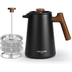 ماكينة صنع القهوة الفرنسية بالضغط من بوليفيار، ماكينة ضغط القهوة سعة 34 أونصة بمقبض خشبي حقيقي، عزل مزدوج للجدار وشاشة فلتر مزدوج، فولاذ مقاوم للصدأ بدرجة الطعام للقهوة والشاي الجيد، JX2025-XFPN in Kuwait