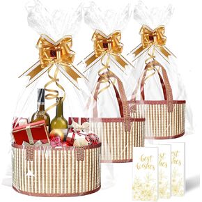 Binvasds 3 مجموعة سلال للهدايا الفارغة، هدايا الخيزران سلة بنية مع مقابض، سلال هدايا فارغة كبيرة قابلة للطي مع شريط ذهبي لعيد الميلاد، سلة الهدايا، استحمام الطفل، هووسورمينغ in Kuwait