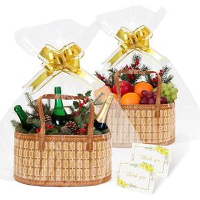 2 Set Baskets for Gifts Empty, Large Woven Bamboo Gift Basket with Handles - Foldable Gift Baskets for Baby Shower, Christmas, Housewarming & Mother's Day in Saudi Arabia