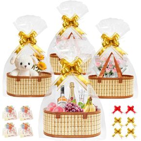 سلال مابايم للهدايا مجموعة فارغة من 4، سلة هدايا كبيرة منسوجة من الخيزران مع أكياس لف، وأقواس سحب، وبطاقات تهنئة، وسلال للهدايا السائبة الفارغة لعيد الميلاد، والاستحمام، والتدفئة لمنزل جديد (بني بيضاوي) in Kuwait