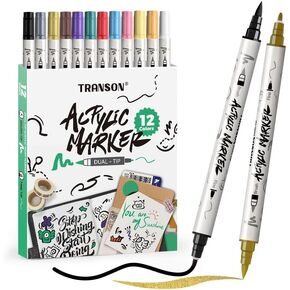 TRANSON 4 Black and 4 White Paint Markers Brush and Fine Dual-tip Acrylic Paint Marker Set for Rock Painting Glass Canvas Wood Leather Ceramic Painting in Saudi Arabia