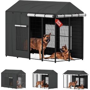 Outdoor Dog Kennel Cover 8'D x 4'W x 6'H, Heavy Duty 1200D Waterproof Dog Cage Cover, Windproof UV Resistant Full Coverage Tarp with Clear PVC Door & Mesh Windows for Outside Dog Kennel, Black in Saudi Arabia