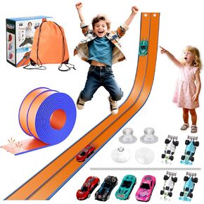 Flexible Car Track for Kids: 15 Ft of Portable Roll-Up DIY Flexible Race Track with 8 Cars & 4 Strong Suction Cups Car Ramp Toy Track, – A Great Birthday for Boys & Girls Ages 3+ (Orange-Blue) in Saudi Arabia