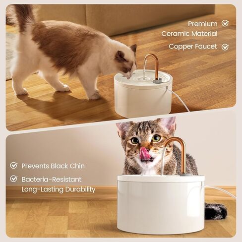 Ceramic Cat Water Fountain - 2.1L/71oz - All-Ceramic Body & Pure Copper Water Spout - Non-Toxic - Automatic Pet Drinking Fountain Indoor with Ultra-Quiet Pump, and 3Pcs Filter & Sponge (White) in Kuwait