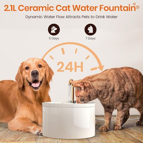Ceramic Cat Water Fountain - 2.1L/71oz - All-Ceramic Body & Pure Copper Water Spout - Non-Toxic - Automatic Pet Drinking Fountain Indoor with Ultra-Quiet Pump, and 3Pcs Filter & Sponge (White) in Kuwait