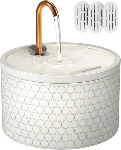 Ceramic Cat Water Fountain - 2.1L/71oz - All-Ceramic Body & Pure Copper Water Spout - Non-Toxic - Automatic Pet Drinking Fountain Indoor with Ultra-Quiet Pump, and 3Pcs Filter & Sponge (White) in Kuwait