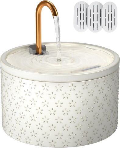 Ceramic Cat Water Fountain - 2.1L/71oz - All-Ceramic Body & Pure Copper Water Spout - Non-Toxic - Automatic Pet Drinking Fountain Indoor with Ultra-Quiet Pump, and 3Pcs Filter & Sponge (White) in Kuwait