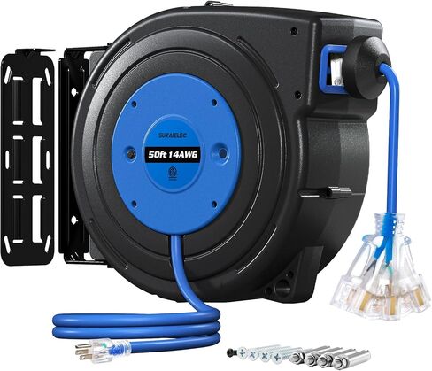 بكرة سلك تمديد قابلة للسحب بطول 50 قدم من SURAIELEC، سلك طاقة شديد التحمل 14AWG/3C SJTOW مع صنبور ثلاثي مضاء، قاطع دائرة 13 أمبير، حامل السقف/الجدار للمرآب والمتجر وورش العمل، مدرج في قائمة ETL، برتقالي in Saudi Arabia