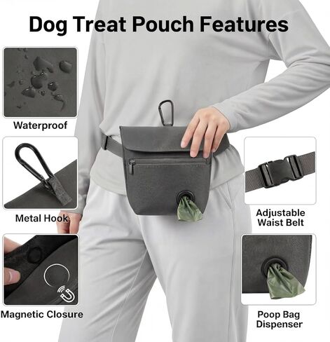 Dog Treat Pouch and Dog Training Clicker, Treat Bag with Poop Bag Dispenser, Powerful Magenetic Clasp, Metal Clip Waist Belt Fanny Pack for Pet Walk Dog Training (Black) in Saudi Arabia