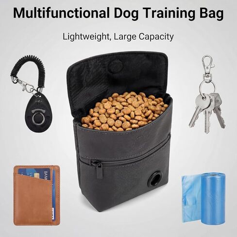 Dog Treat Pouch and Dog Training Clicker, Treat Bag with Poop Bag Dispenser, Powerful Magenetic Clasp, Metal Clip Waist Belt Fanny Pack for Pet Walk Dog Training (Black) in Saudi Arabia
