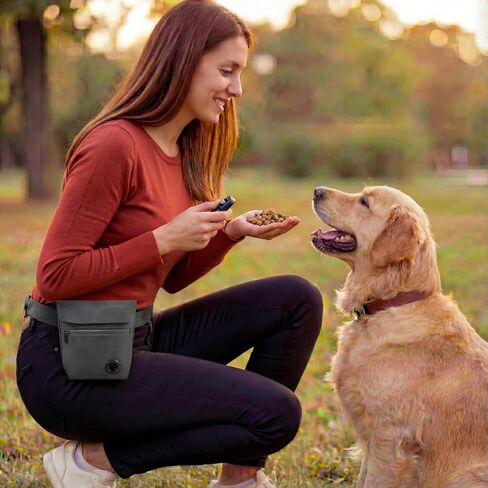 Dog Treat Pouch and Dog Training Clicker, Treat Bag with Poop Bag Dispenser, Powerful Magenetic Clasp, Metal Clip Waist Belt Fanny Pack for Pet Walk Dog Training (Black) in Saudi Arabia