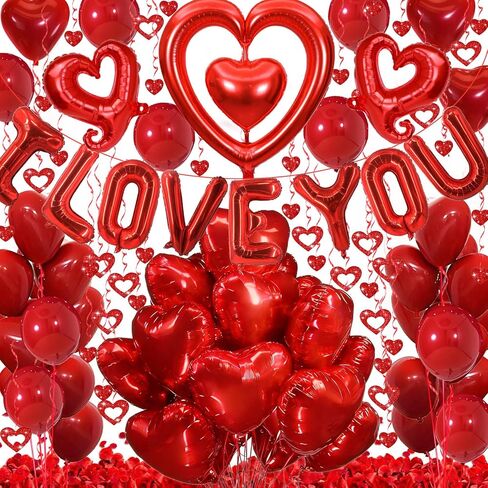 Valentines Day Decorations with Red I LOVE YOU Balloons and Fake Rose Petals for Valentines Decor, Red Heart Balloons for Wedding, Anniversary Romantic Decorations in Saudi Arabia