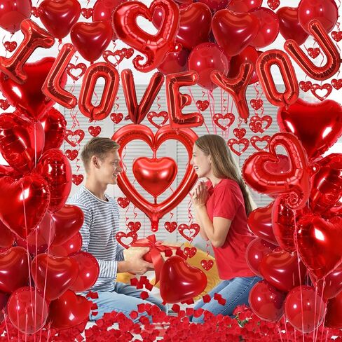 Valentines Day Decorations with Red I LOVE YOU Balloons and Fake Rose Petals for Valentines Decor, Red Heart Balloons for Wedding, Anniversary Romantic Decorations in Saudi Arabia