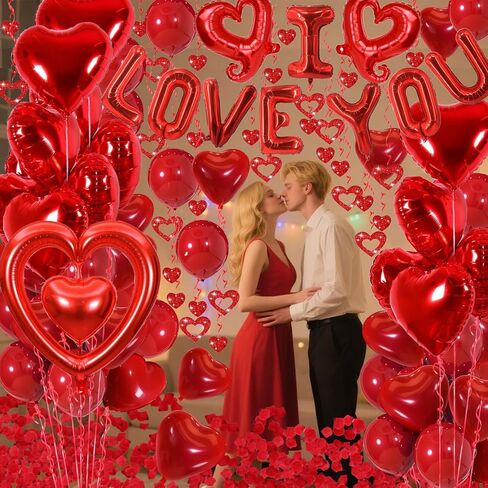 Valentines Day Decorations with Red I LOVE YOU Balloons and Fake Rose Petals for Valentines Decor, Red Heart Balloons for Wedding, Anniversary Romantic Decorations in Saudi Arabia