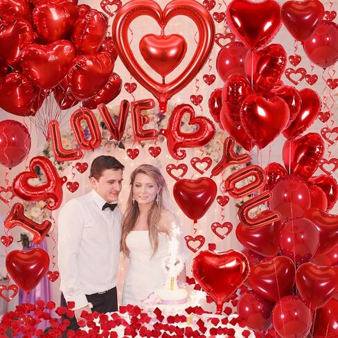Valentines Day Decorations with Red I LOVE YOU Balloons and Fake Rose Petals for Valentines Decor, Red Heart Balloons for Wedding, Anniversary Romantic Decorations in Saudi Arabia