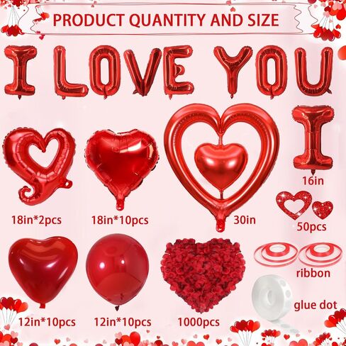 Valentines Day Decorations with Red I LOVE YOU Balloons and Fake Rose Petals for Valentines Decor, Red Heart Balloons for Wedding, Anniversary Romantic Decorations in Saudi Arabia