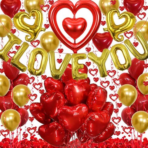 Valentines Day Decorations with Red I LOVE YOU Balloons and Fake Rose Petals for Valentines Decor, Red Heart Balloons for Wedding, Anniversary Romantic Decorations in Saudi Arabia