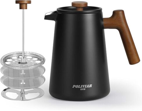 POLIVIAR French Press Coffee Maker, 34 oz Coffee Press with Real Wood Handle, Double Wall Insulation & Dual-Filter Screen, Food Grade Stainless Steel for Good Coffe and Tea, JX2025-XFPN in Saudi Arabia