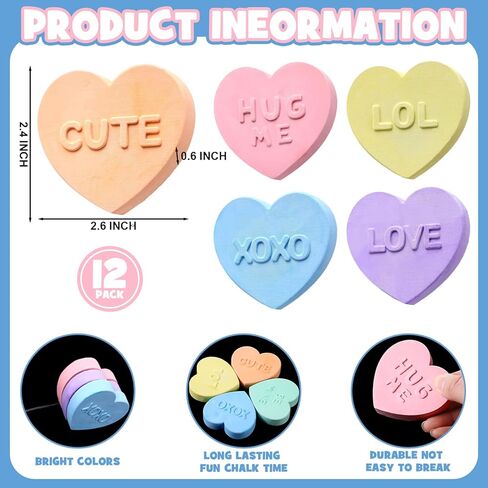 12 Pack Valentines Day Hearts Chalk for Kids Conversation Hearts Colorful Classroom Decor for Teacher Class School Nursery Chalkboard Office Wall DIY Crafts Activities Exchange Gifts Adults in Saudi Arabia