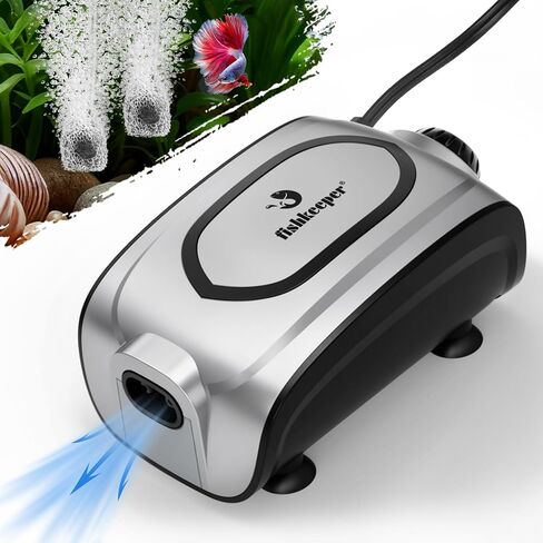 مضخة هواء لحوض السمك هادئة 3 وات/5 وات من Fishkeeper - مضخة هواء صغيرة وقوية بمنفذ مزدوج لخزان الأسماك، مضخة مهوية أكسجين قابلة للتعديل مع مجموعات فقاعات حجر الهواء لخزانات الأسماك 1-160 جالون (رمادي فضي، 2025 جديد) in Kuwait