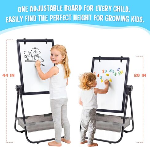 maxtek Kids Easel, 24x18in Adjustable Double-Sided Whiteboard & Chalkboard 360°Rotating, Magnetic Standing Art Easel Kids for Boys and Girls 3+ with Drawing Accessories, Black in Saudi Arabia