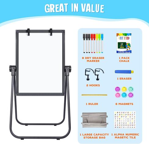 maxtek Kids Easel, 24x18in Adjustable Double-Sided Whiteboard & Chalkboard 360°Rotating, Magnetic Standing Art Easel Kids for Boys and Girls 3+ with Drawing Accessories, Black in Saudi Arabia
