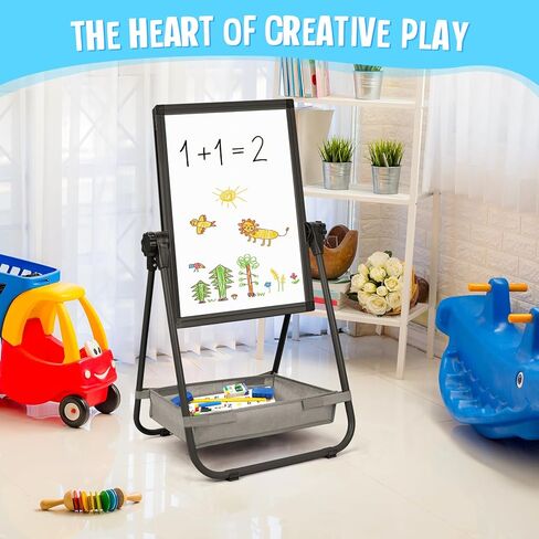 maxtek Kids Easel, 24x18in Adjustable Double-Sided Whiteboard & Chalkboard 360°Rotating, Magnetic Standing Art Easel Kids for Boys and Girls 3+ with Drawing Accessories, Black in Saudi Arabia