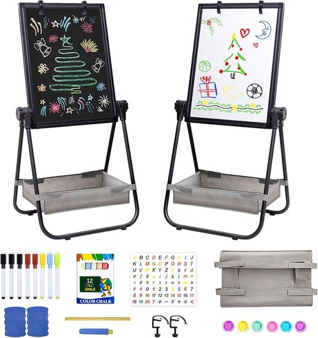 maxtek Kids Easel, 24x18in Adjustable Double-Sided Whiteboard & Chalkboard 360°Rotating, Magnetic Standing Art Easel Kids for Boys and Girls 3+ with Drawing Accessories, Black in Saudi Arabia