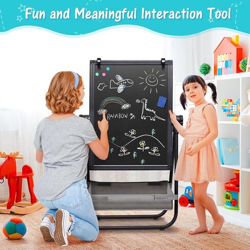 maxtek Kids Easel, 24x18in Adjustable Double-Sided Whiteboard & Chalkboard 360°Rotating, Magnetic Standing Art Easel Kids for Boys and Girls 3+ with Drawing Accessories, Black in Saudi Arabia