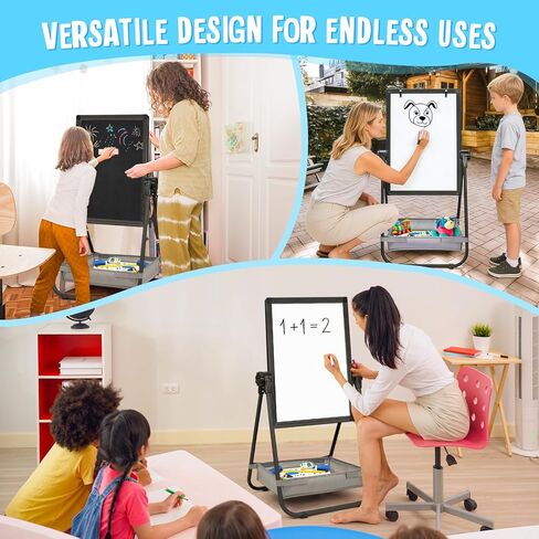maxtek Kids Easel, 24x18in Adjustable Double-Sided Whiteboard & Chalkboard 360°Rotating, Magnetic Standing Art Easel Kids for Boys and Girls 3+ with Drawing Accessories, Black in Saudi Arabia