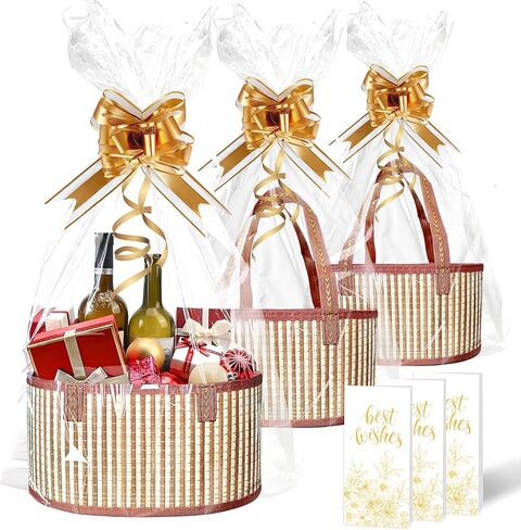 BINVASDS 3 Set Baskets for Gifts Empty, Bamboo Gifts Brown Basket with Handles, Large Foldable Empty Gift Baskets with Gold Ribbon for Christmas, Gift Basket, Baby Shower,Housewarming in Saudi Arabia