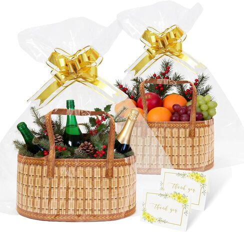 2 Set Baskets for Gifts Empty, Large Woven Bamboo Gift Basket with Handles - Foldable Gift Baskets for Baby Shower, Christmas, Housewarming & Mother's Day in Saudi Arabia