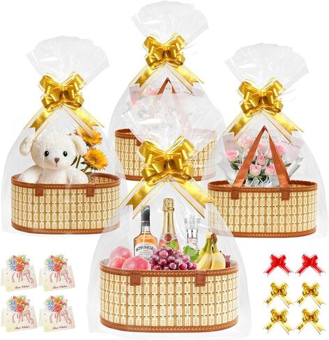 سلال مابايم للهدايا مجموعة فارغة من 4، سلة هدايا كبيرة منسوجة من الخيزران مع أكياس لف، وأقواس سحب، وبطاقات تهنئة، وسلال للهدايا السائبة الفارغة لعيد الميلاد، والاستحمام، والتدفئة لمنزل جديد (بني بيضاوي) in Kuwait