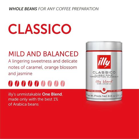 illy Whole Bean Coffee, Classico Medium Roast, 100% Arabica, Premium Italian Coffee, Ideal for Espresso, Drip, Moka and French Press Brewing, 8.8oz, 6 Pack in Saudi Arabia