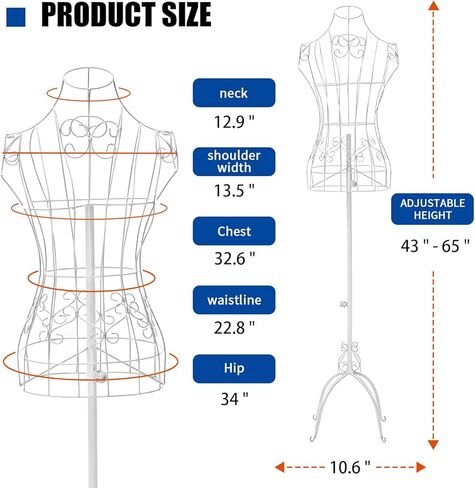 43.3"-62.2" Adjustable Female Wire Dress Form, Vintage Style Metal Steel Dress Form Maniquine with Stand, Mannequin Torso for Store Home Decor Display, Clothing Online Seller, Sewing Room (White) in Saudi Arabia