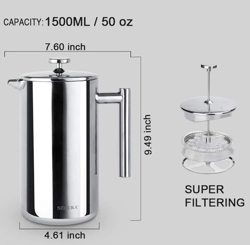 Stainless Steel French Press Coffee Maker Double Wall W/ 3 Layer Filter New in Saudi Arabia