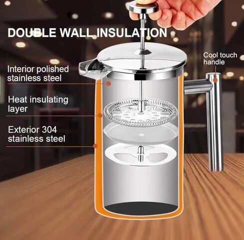 Stainless Steel French Press Coffee Maker Double Wall W/ 3 Layer Filter New in Saudi Arabia