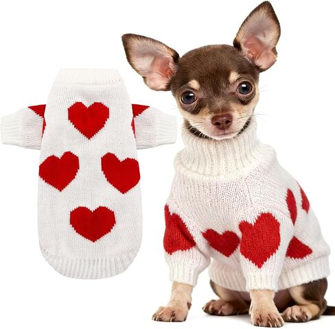 Hillban Valentines Dog Costume Pet Knitted Heart Sweater Small Puppy Clothes Warm Soft Outfits for Small Dogs and Cats(Chest 17.7in,Neck 11.8in,Back Lengt 16.9in) in Saudi Arabia