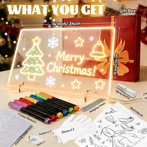 لوحة رسم LED للأطفال، لوحة ملاحظات LED مقاس 14 × 10 بوصة مع 7 تأثيرات ضوئية، لوحات مضيئة لرسائل مذكرة متوهجة من الأكريليك، لوحة سحرية فنية نيون مع 7 علامات، هدية عيد ميلاد للأطفال والبنات والمراهقين in Kuwait