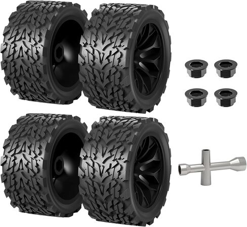 4 قطع من عجلات وإطارات سداسية 12 مم من Hosim لشاحنة RIAARIO وAMORIL 1/10 RC، لشاحنة Traxxas Rustler Stampede 2wd 4x4 vxl Mini Maxx X17 X25 X27 استبدال العجلات المطاطية 4.66 OD × 2.17 عرض in Kuwait