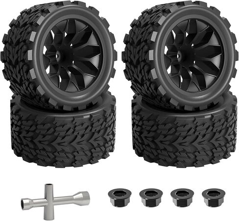 4 قطع من عجلات وإطارات سداسية 12 مم من Hosim لشاحنة RIAARIO وAMORIL 1/10 RC، لشاحنة Traxxas Rustler Stampede 2wd 4x4 vxl Mini Maxx X17 X25 X27 استبدال العجلات المطاطية 4.66 OD × 2.17 عرض in Kuwait