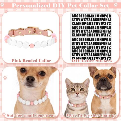 DIY Pink Beaded Dog Collar Set with Buckle, Friendship Bracelet Pet Collar Personalized Custom Dog Name Cat ID Collars Necklace for Small Medium Pet Adjustable Leather Buckle in Kuwait