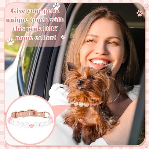DIY Pink Beaded Dog Collar Set with Buckle, Friendship Bracelet Pet Collar Personalized Custom Dog Name Cat ID Collars Necklace for Small Medium Pet Adjustable Leather Buckle in Kuwait