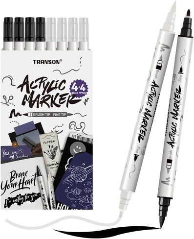 TRANSON 4 Black and 4 White Paint Markers Brush and Fine Dual-tip Acrylic Paint Marker Set for Rock Painting Glass Canvas Wood Leather Ceramic Painting in Kuwait